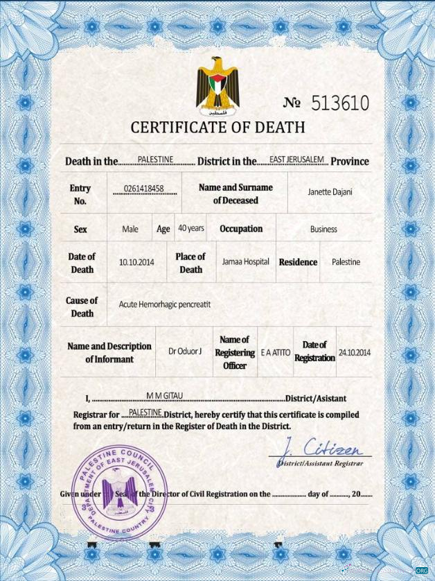 Download Palestine vital record death certificate PSD template Photoshop template